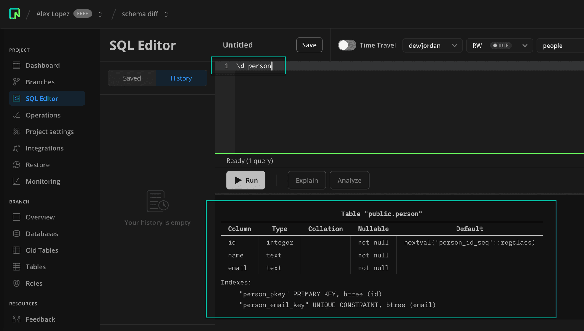 use metacommand to inspect schema