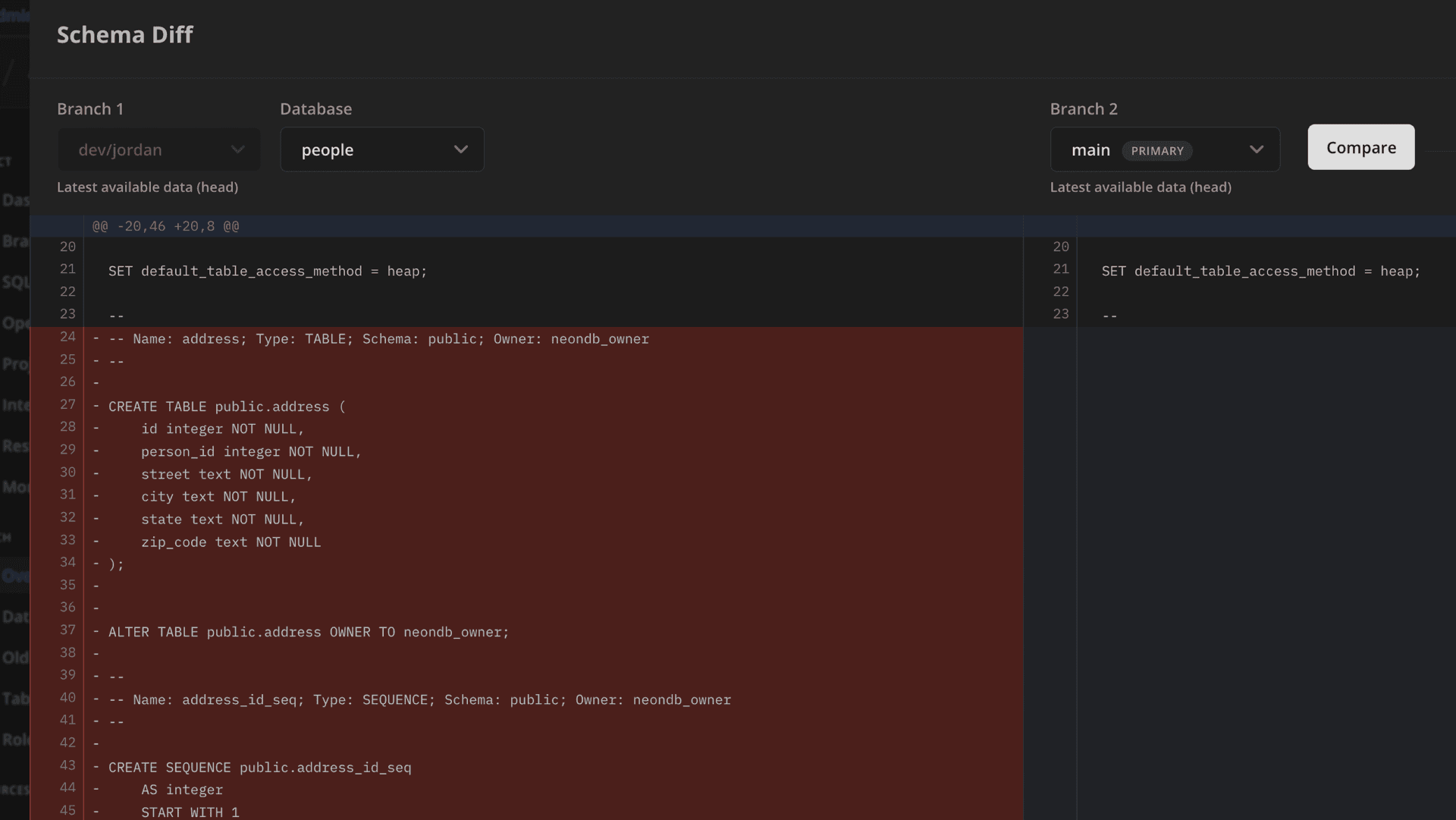 schema diff results