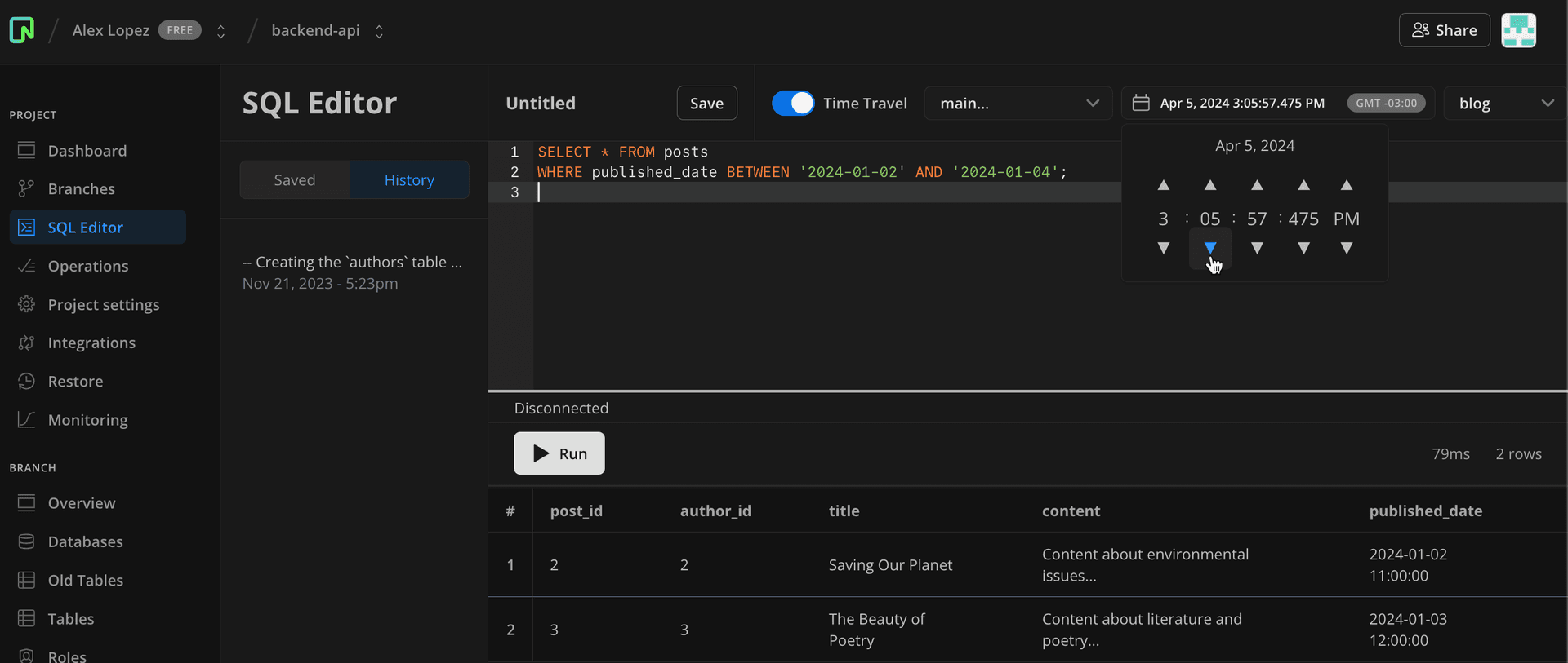 time travel from sql editor