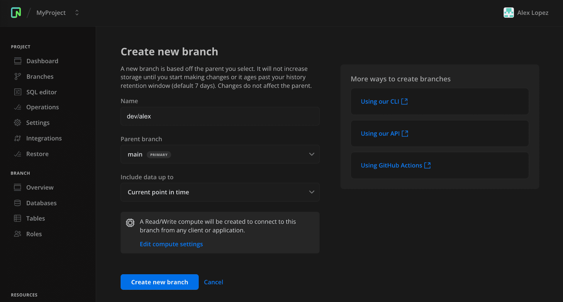 Create branch dialog